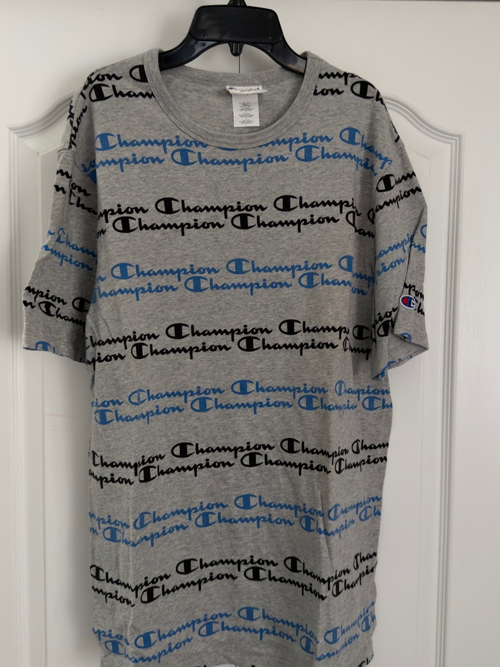 Champion Gray T-Shirt with Black and Blue Logo Print